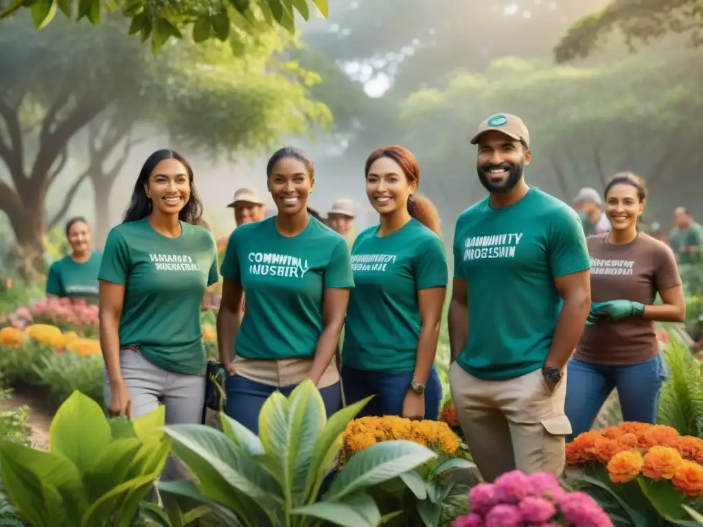 Voluntarios plantando árboles nativos en jardín botánico Un grupo de voluntarios en museos naturales de Uruguay plantando árboles nativos en un jardín botánico, rodeados de naturaleza y en armonía