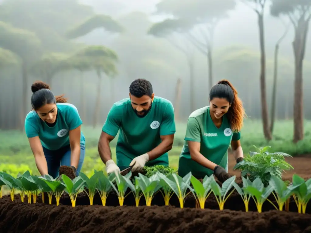 Un grupo de voluntarios diversos planta árboles en un bosque exuberante de Uruguay