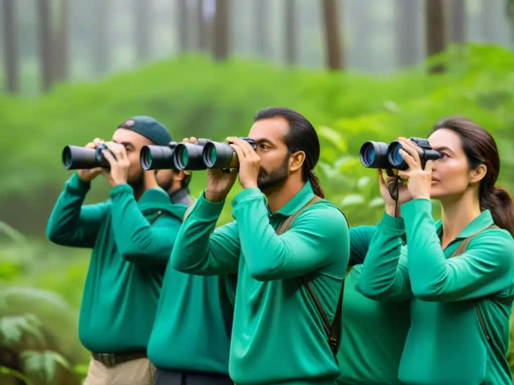 Un grupo de voluntarios observa en silencio aves nativas en un bosque uruguayo, contribuyendo a la conservación de especies