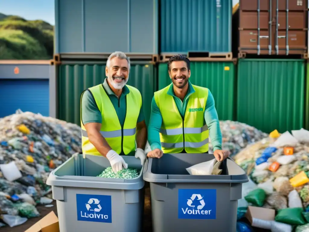 Un grupo de voluntarios en Uruguay, sonrientes, clasificando residuos en un centro de reciclaje