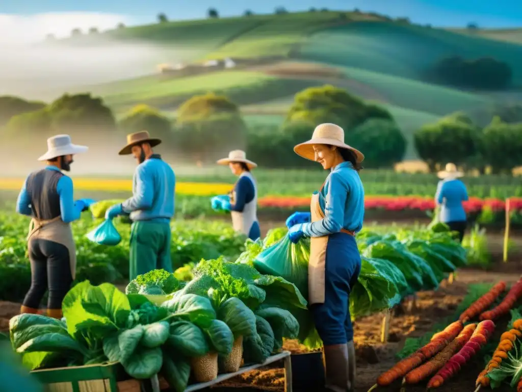 Un grupo de voluntarios cosechando verduras orgánicas en una granja en Uruguay