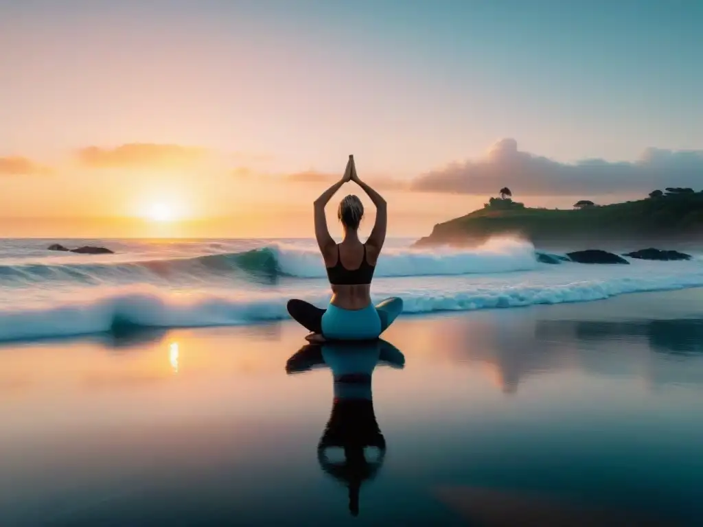 Grupo practicando yoga al amanecer en la costa de Uruguay, con olas de fondo