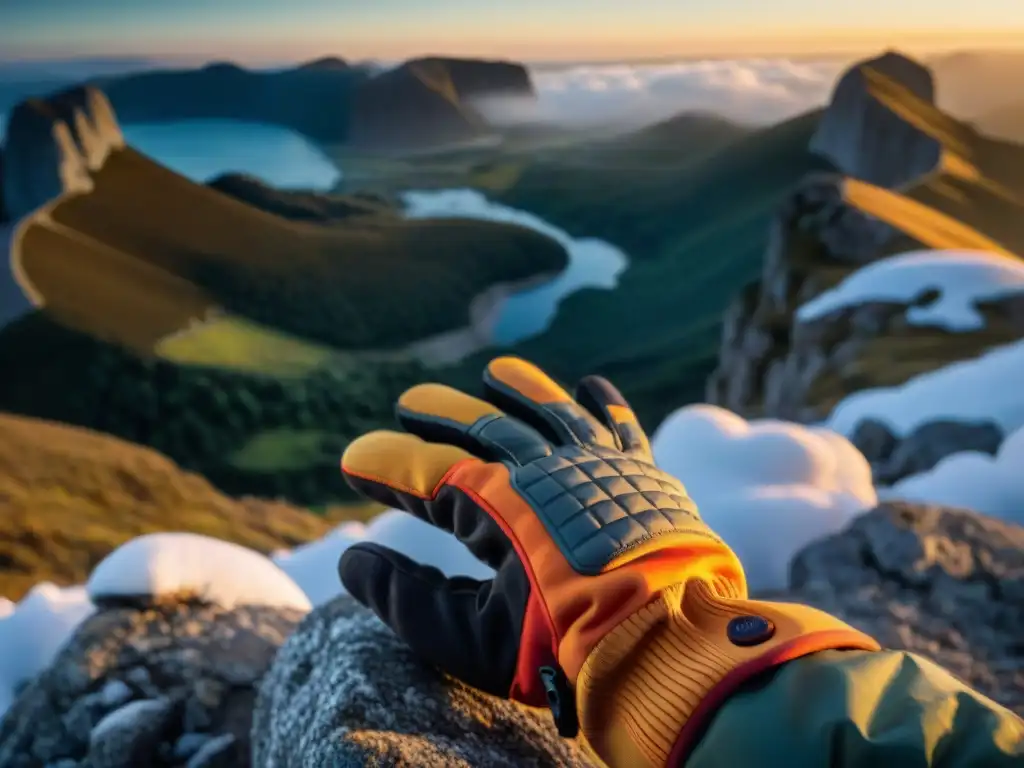 Guantes técnicos de alta tecnología en climber en montañas nevadas de Uruguay