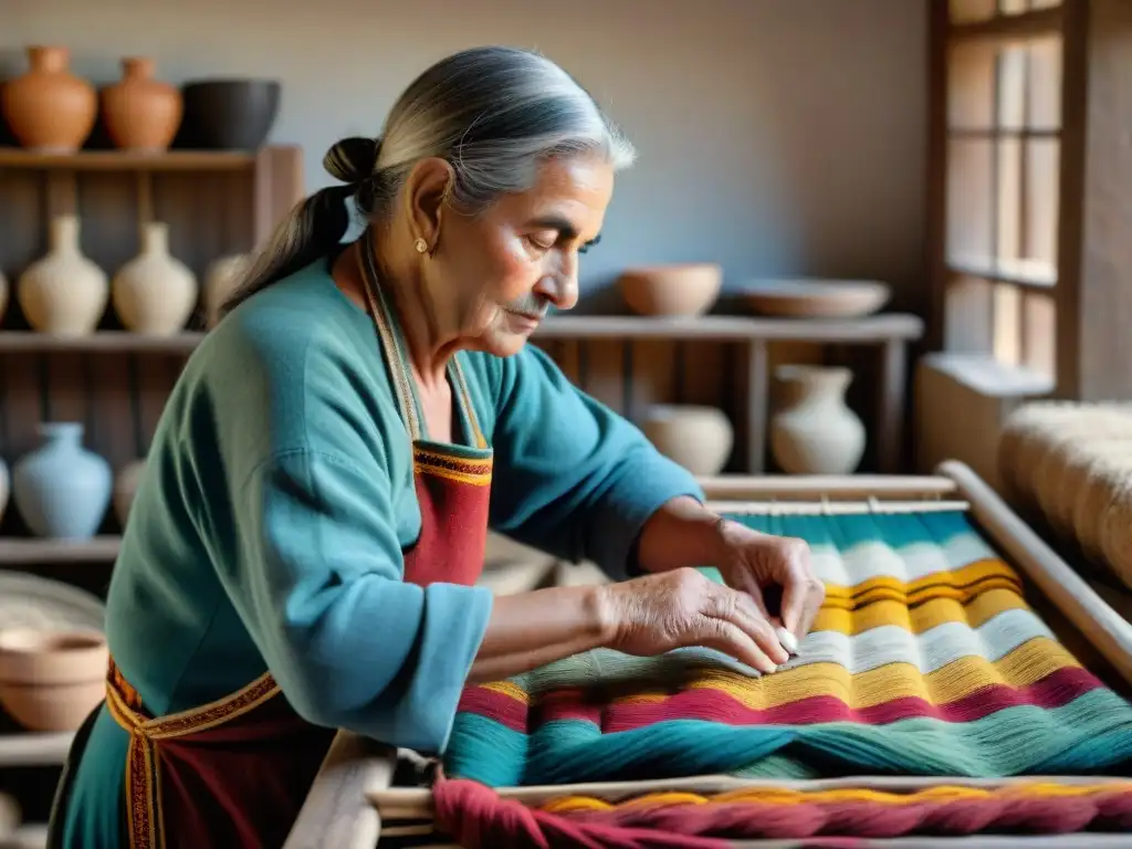 Un hábil artesano en Uruguay tejiendo una colorida artesanía con técnicas tradicionales, rodeado de piezas hechas a mano