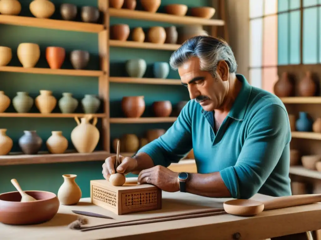 Un hábil artesano talla detalladas esculturas de madera en una feria de artesanías en Uruguay, rodeado de textiles, cerámica y cuero artesanal