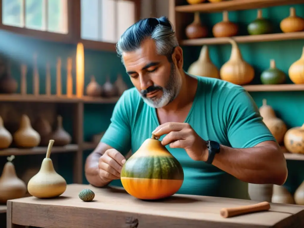 Un hábil artesano uruguayo crea con esmero un mate en su taller acogedor, rodeado de hierbas secas y coloridas hebras