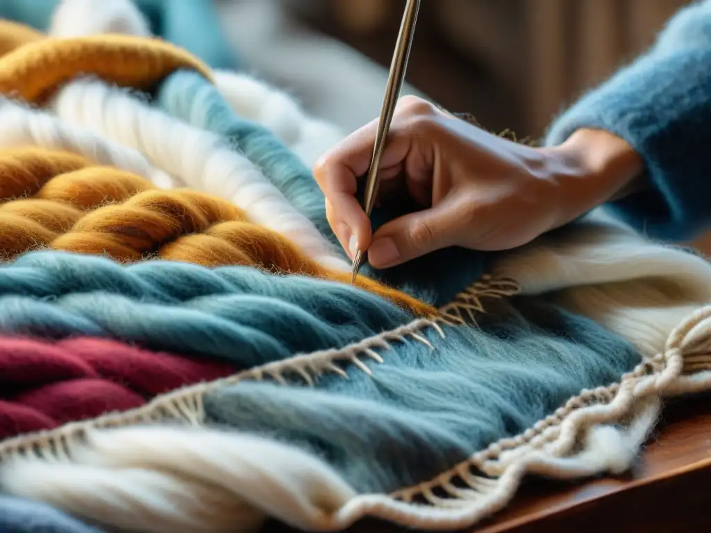 Un hábil artesano uruguayo bordando a mano patrones en tela de lana, destacando la calidad y tradición de la industria lanera uruguaya sostenible