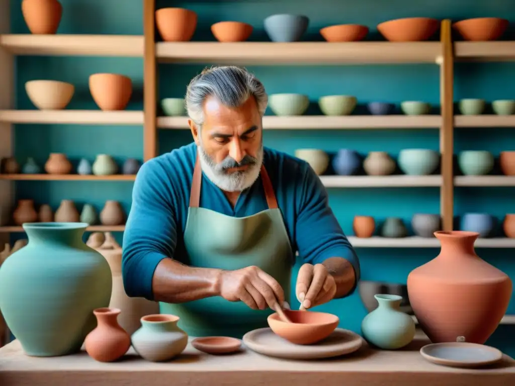 Un hábil artesano uruguayo crea una pieza de cerámica rodeado de artesanías tradicionales uruguayas únicas