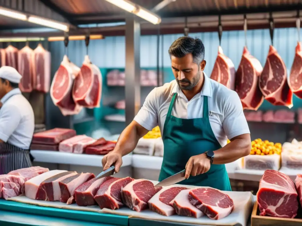 Un hábil carnicero seleccionando los mejores cortes de carne en un mercado uruguayo, destacando la calidad y marbling de la carne