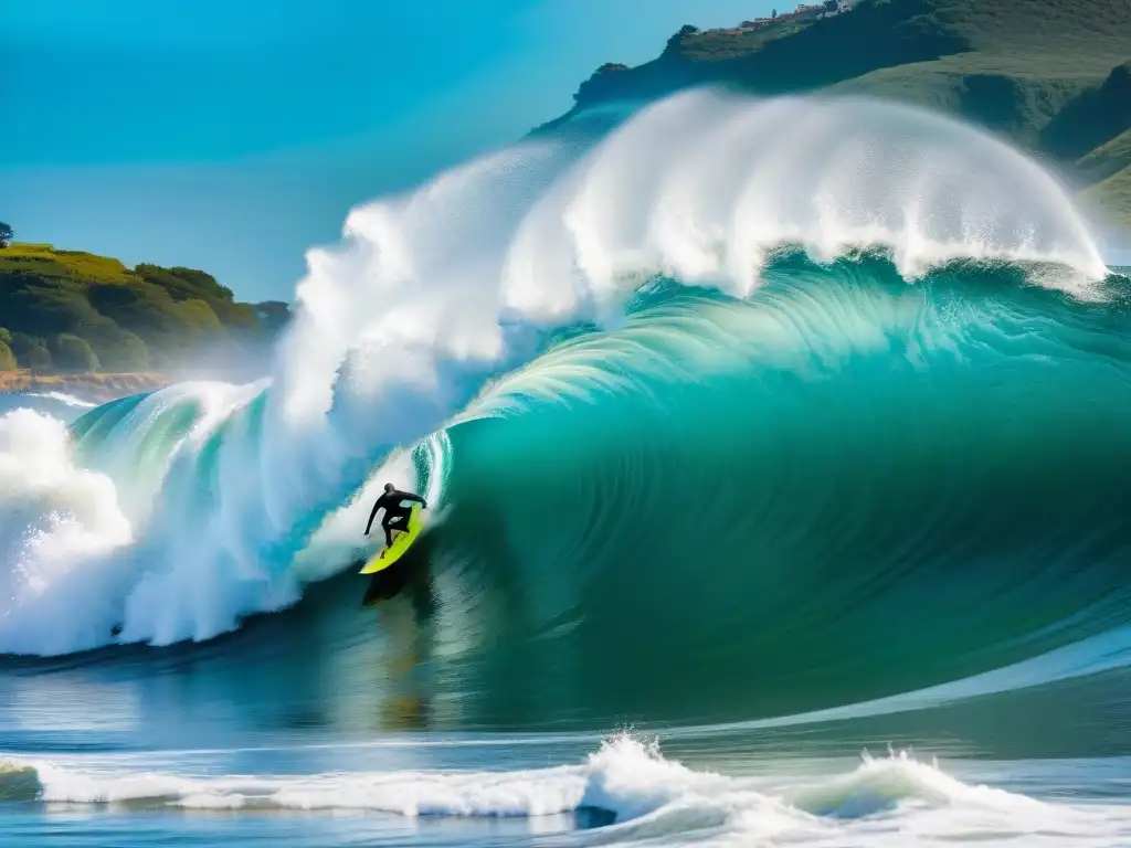 Un hábil bodyboarder surfeando una gran ola en aguas cristalinas de Uruguay, con la costa icónica de fondo