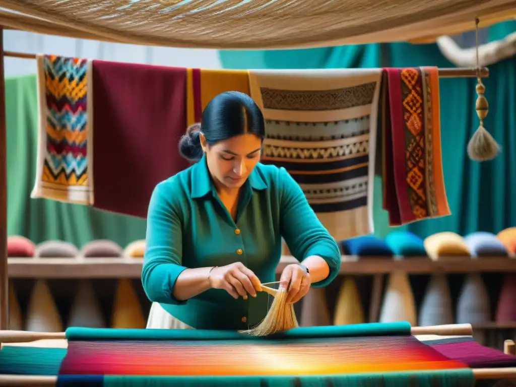 Hábiles artesanos tejiendo coloridas artesanías únicas en una bulliciosa feria de Montevideo, Uruguay