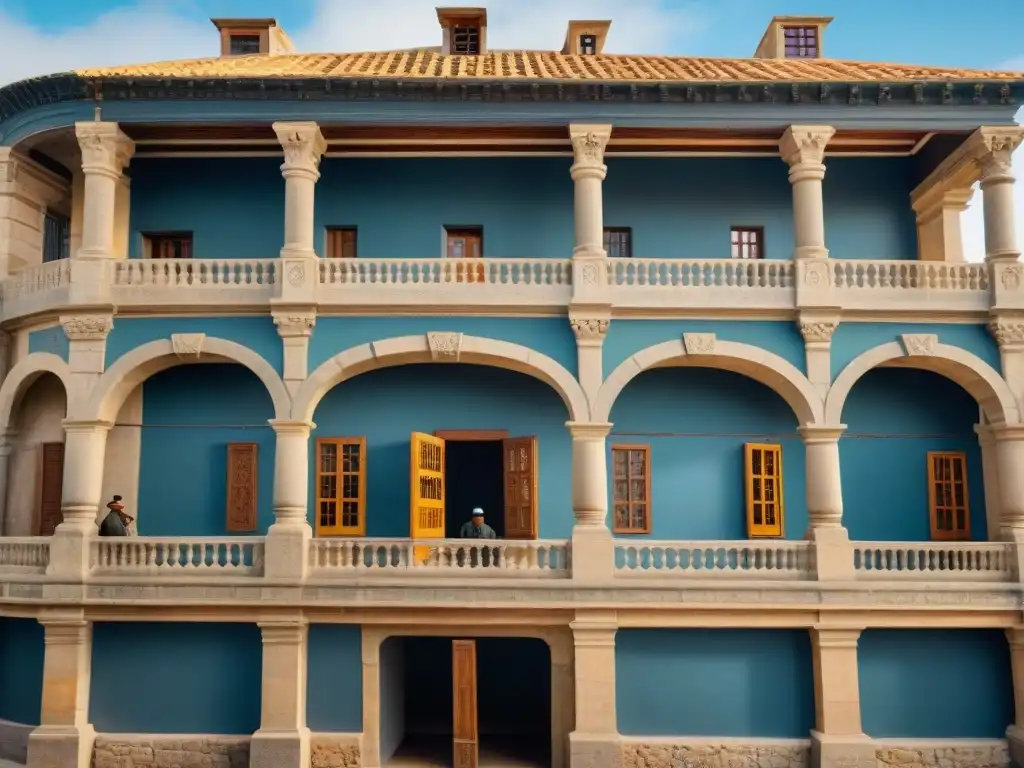 Hábiles artesanos restauran detalladamente edificio histórico uruguayo bajo cálido sol