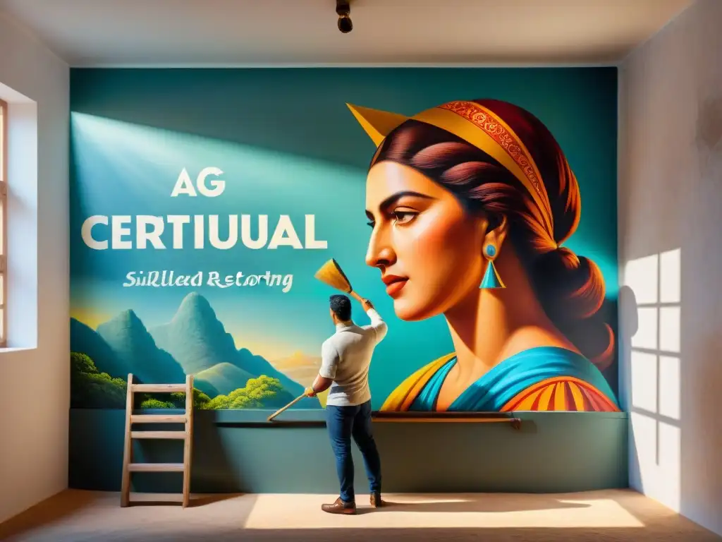 Hábiles artesanos restaurando un mural centenario en una atmósfera soleada y respetuosa