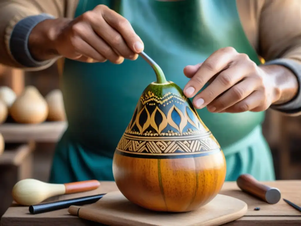 Hábiles artesanos uruguayos crean mate con detalles exquisitos, mostrando técnicas tradicionales