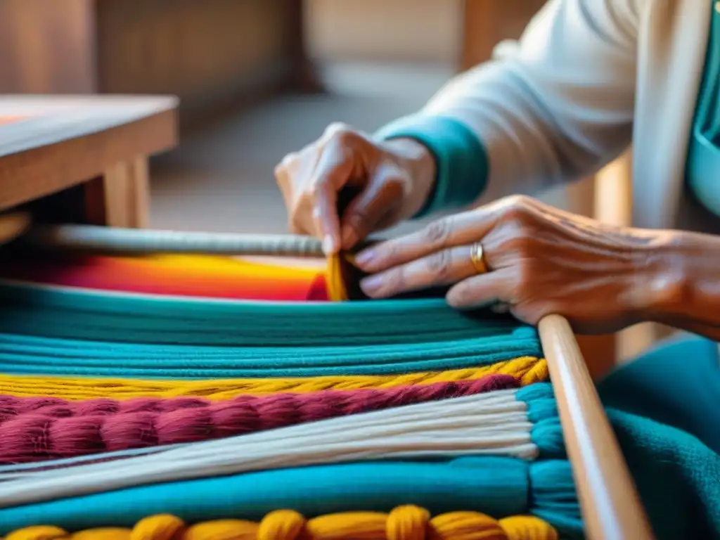 Hábiles artesanos uruguayos tejiendo patrones coloridos en ferias locales, demostrando talento y tradición en sus textiles