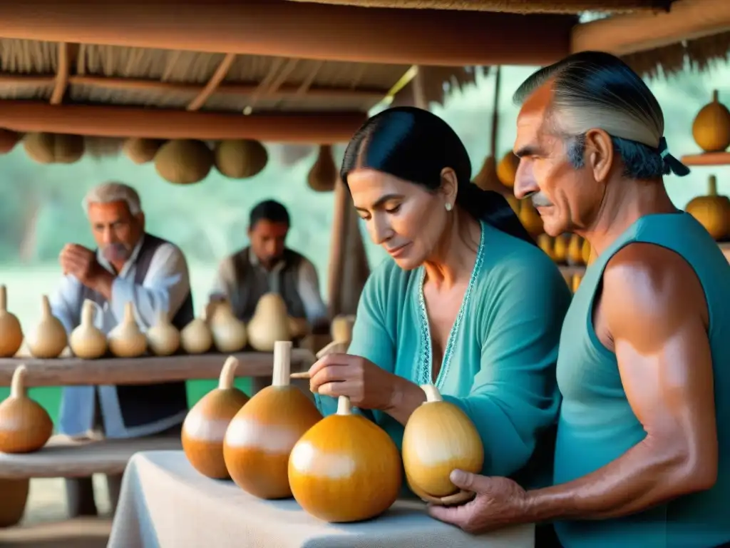 Hábiles artesanos uruguayos vistiendo trajes tradicionales crean mates bajo un ombú