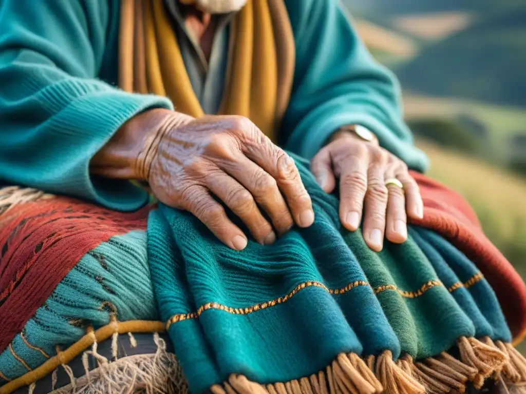 Las hábiles manos de un anciano gaucho uruguayo tejiendo un poncho tradicional