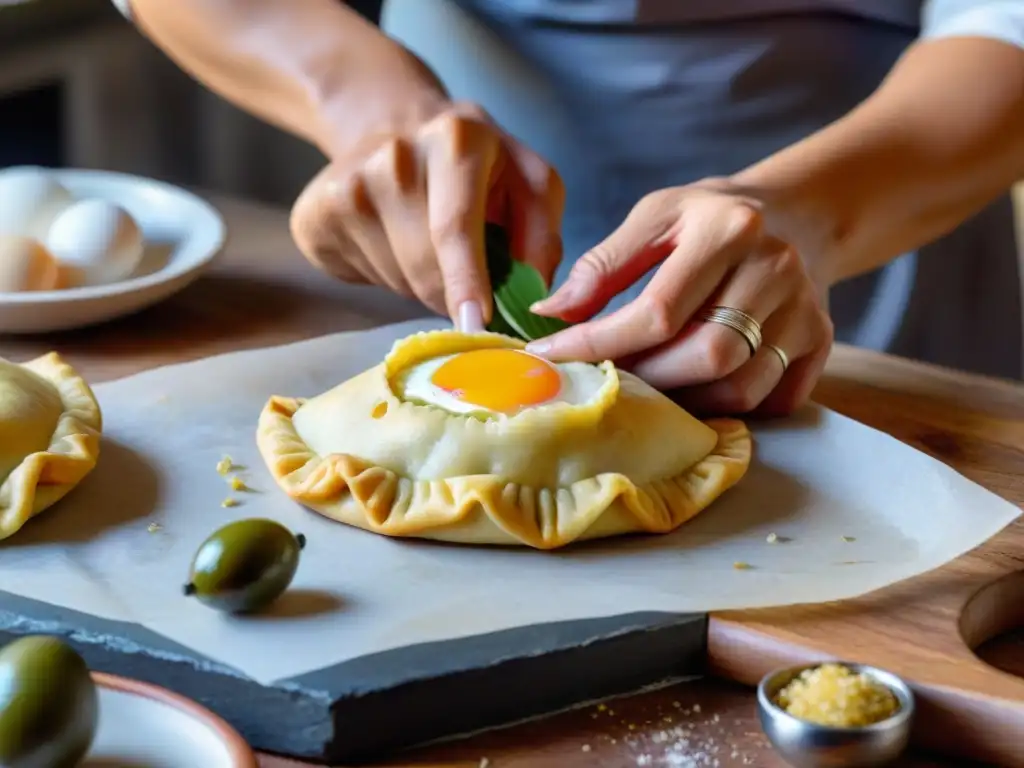 Unos hábiles manos moldean empanadas uruguayas tradicionales, mostrando la preservación de recetas tradicionales uruguayas