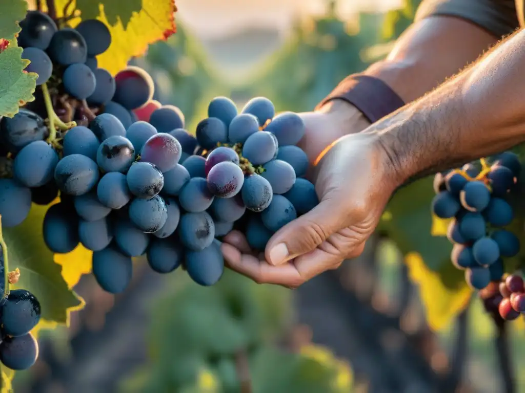 Las hábiles manos del enólogo sostienen racimo de uvas Tannat, con rocío matutino