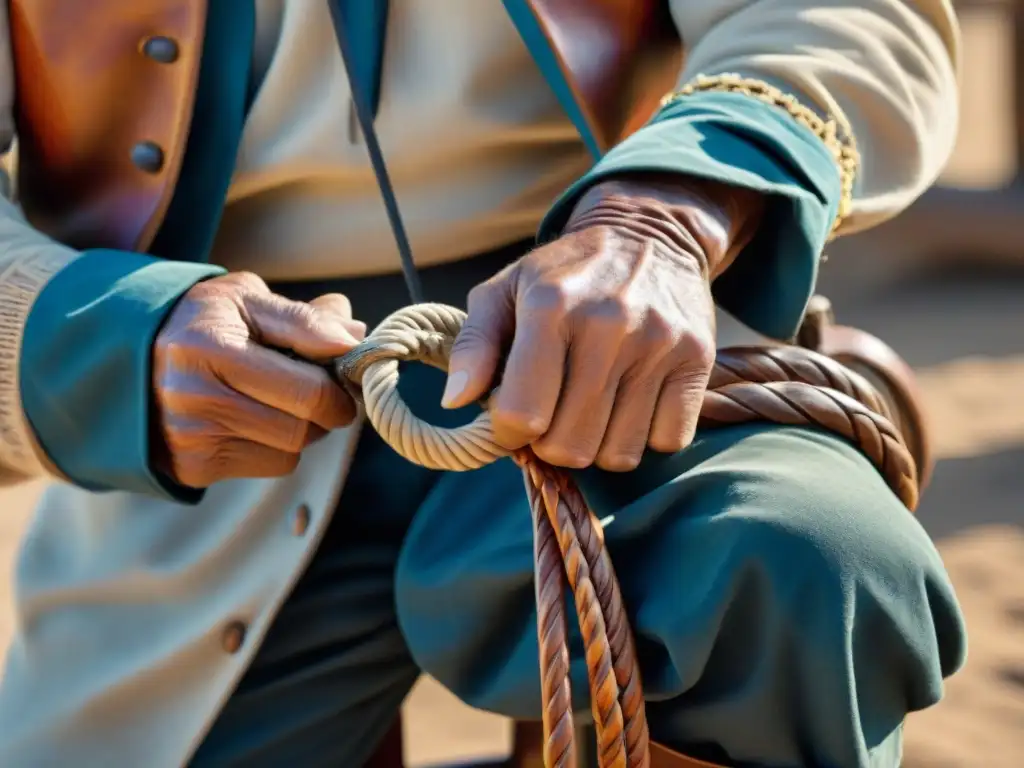 Las hábiles manos de un gaucho uruguayo entrelazando un látigo de cuero, revelando la autenticidad y la experiencia cultural gaucho en Uruguay