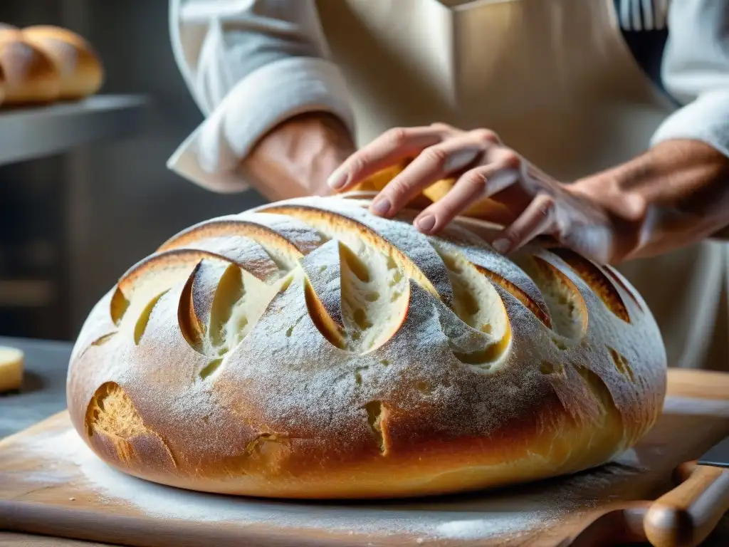 Las hábiles manos del maestro panadero en una panadería de alta gama en Uruguay, marcando con precisión un pan de masa madre recién fermentado