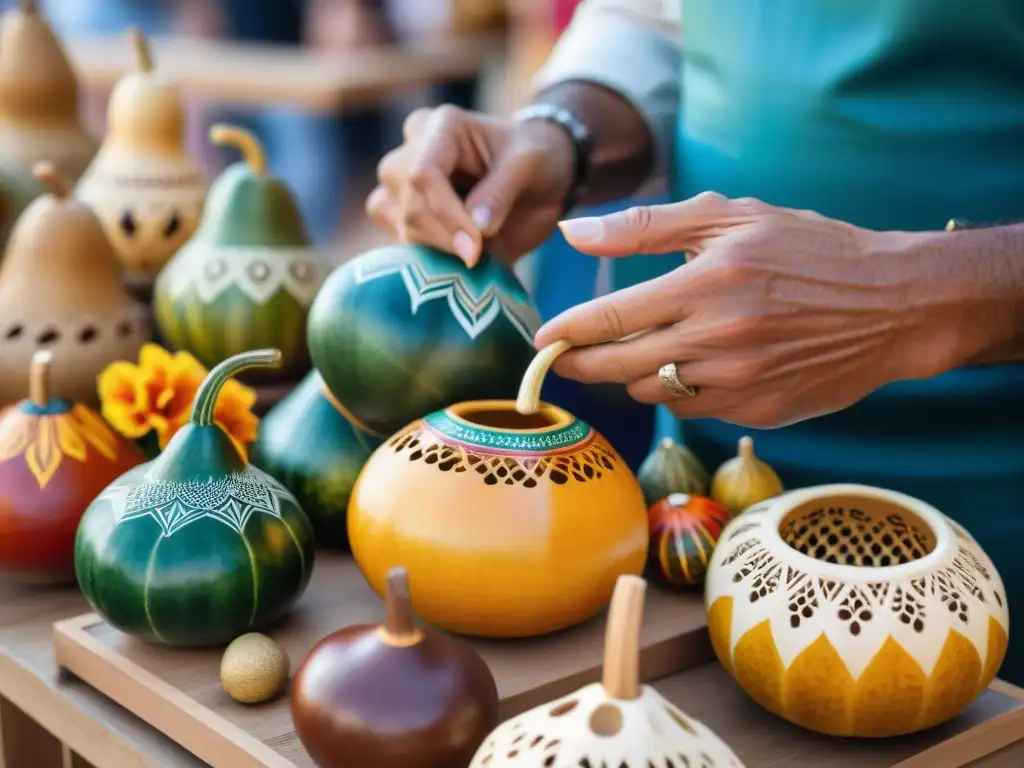 Hábiles manos tallan mate en feria de souvenirs originales, Uruguay