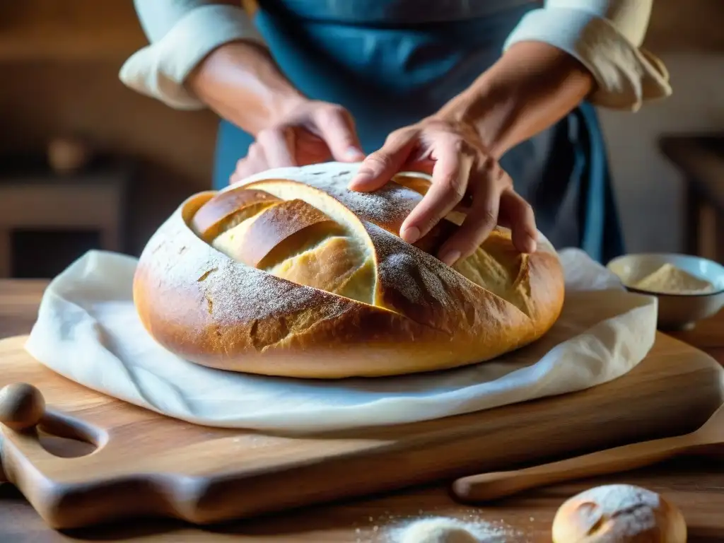 Las hábiles manos de un panadero moldean un pan rústico uruguayo en una panadería de alta gama en Uruguay