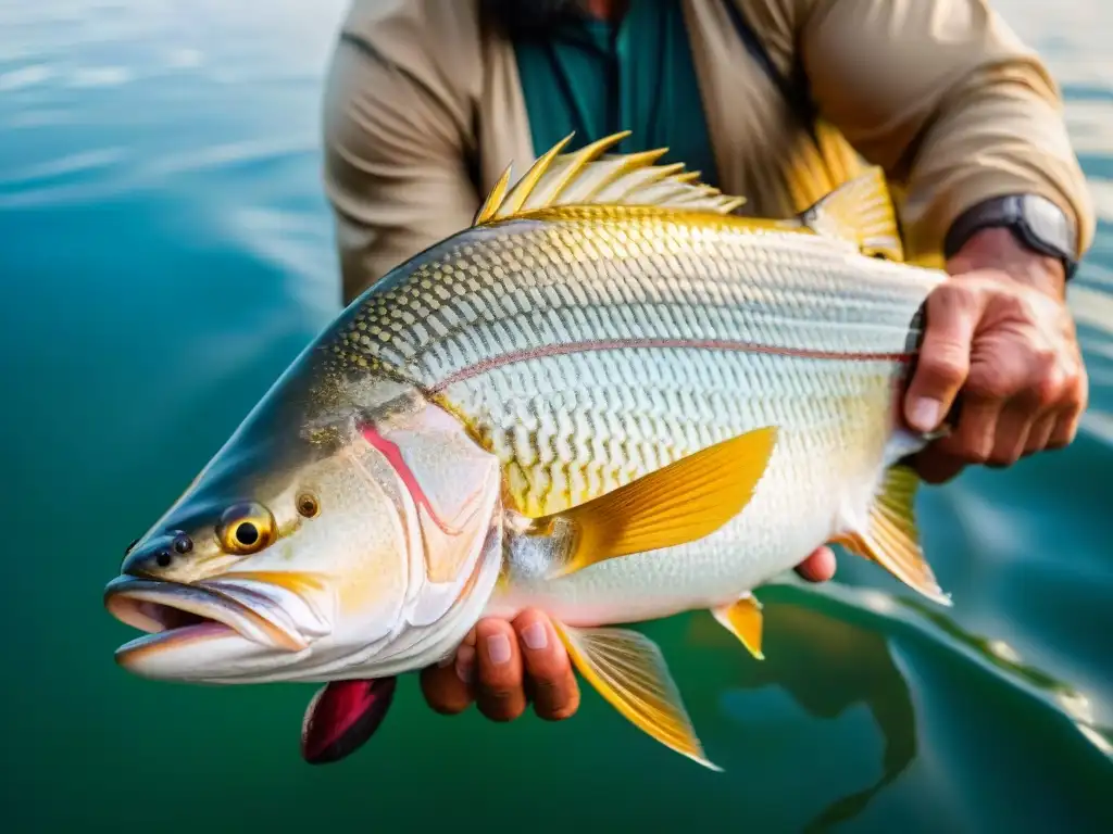 Las hábiles manos de un pescador sostienen un enorme dorado dorado en un río de Uruguay