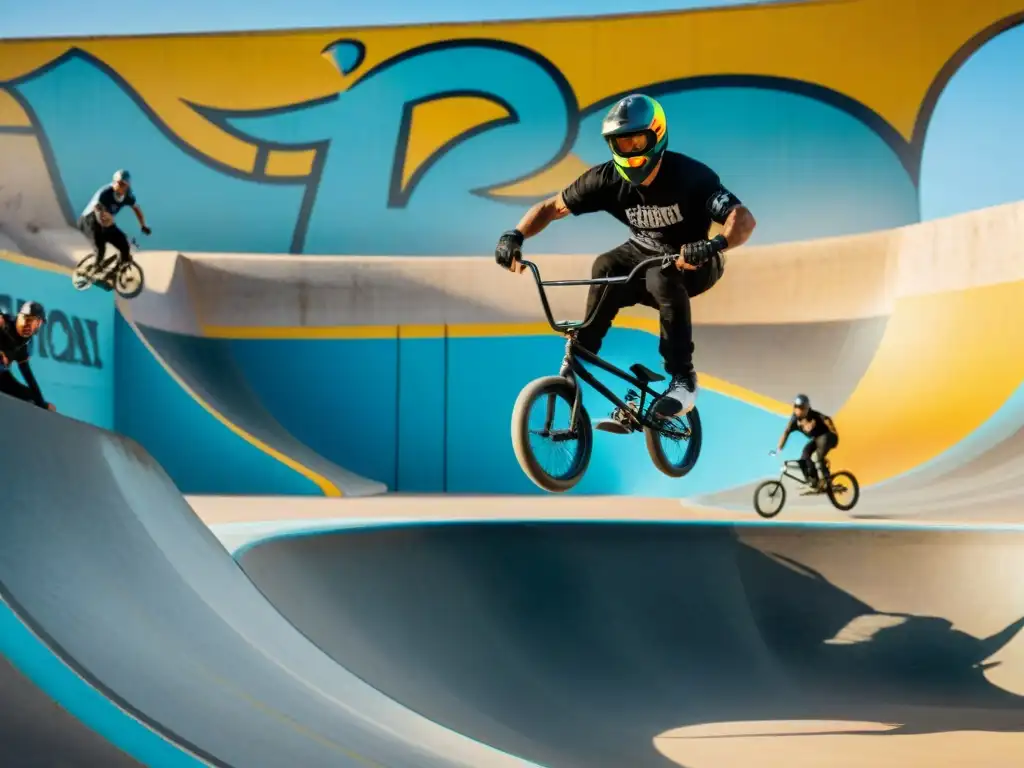 Hábiles riders de BMX realizan arriesgadas acrobacias en un skatepark de Uruguay, mostrando el vibrante entorno urbano