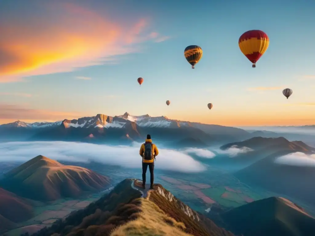 Mejorar habilidades fotográficas en viajes: Fotógrafo ajusta cámara en majestuosa montaña al amanecer, valle colorido con globos aerostáticos al fondo