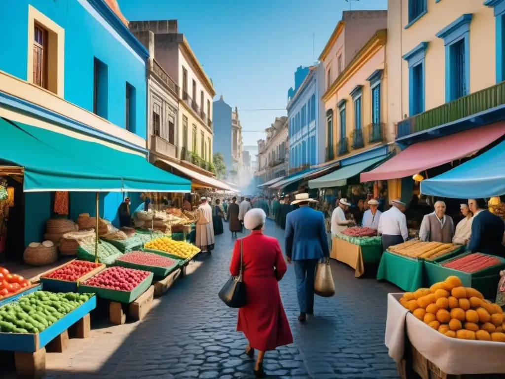 Mejorar habilidades fotográficas en viajes: un mercado callejero lleno de vida en Montevideo, Uruguay, con colores vibrantes y detalles auténticos