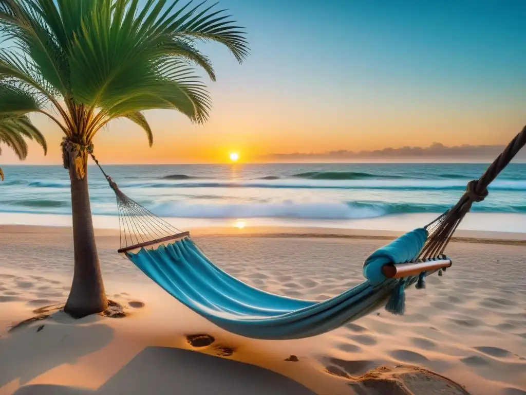 Hamacas cómodas para viaje en Uruguay: atardecer sereno en una playa con palmeras y mar azul