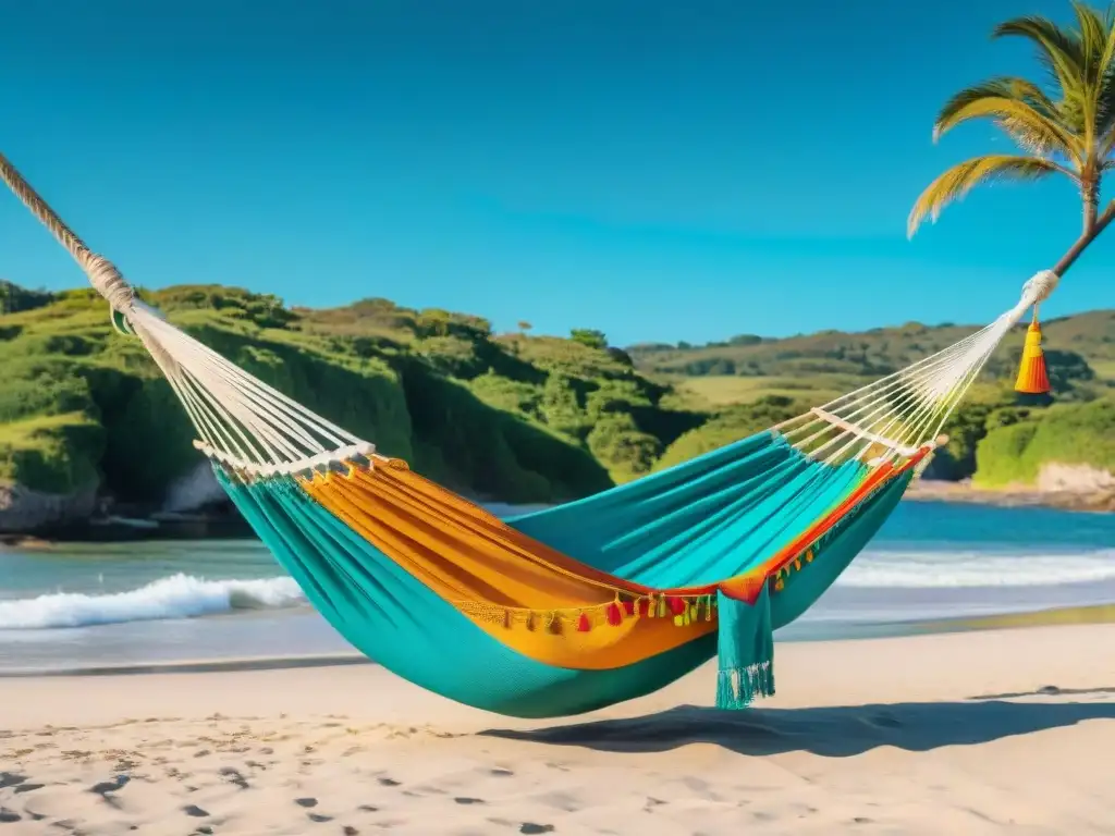 Hamacas cómodas para viaje en Uruguay: una imagen detallada de una hamaca entre palmeras en una playa paradisíaca