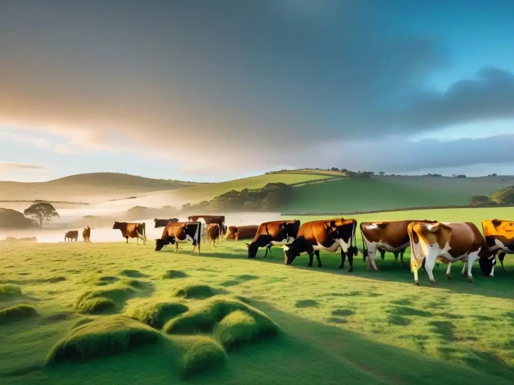 Herd de vacas pastando en un campo uruguayo al atardecer, creando una atmósfera idílica