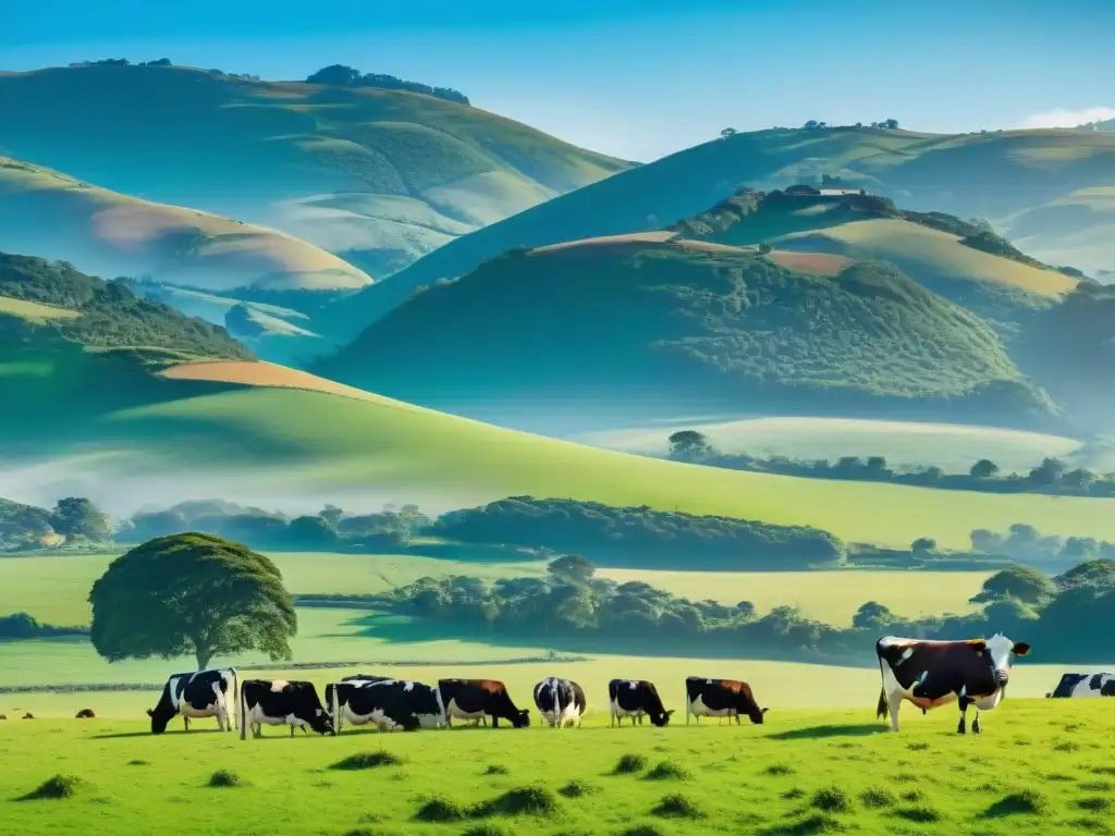 Herdado de vacas Holstein pastando en un campo verde en Uruguay, resaltando la belleza de la Ruta láctea campo Uruguay