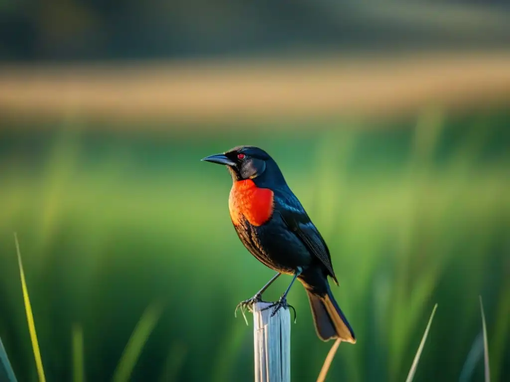 Una hermosa ave de Uruguay posada en una caña en un pantano, mostrando su plumaje negro y cabeza escarlata bajo el sol