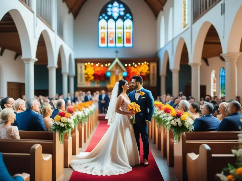 Una hermosa boda tradicional en Uruguay con la novia luciendo un vestido de encaje rodeada de flores y familiares