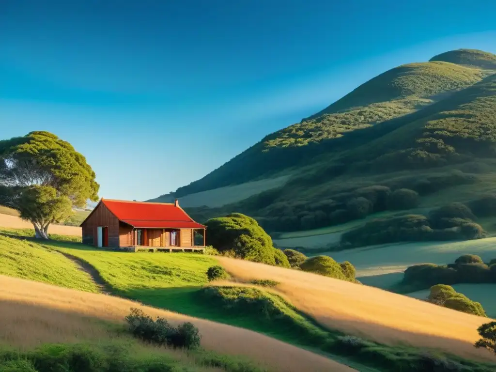 Una hermosa cabaña rural en Uruguay rodeada de exuberante vegetación bajo un cielo azul