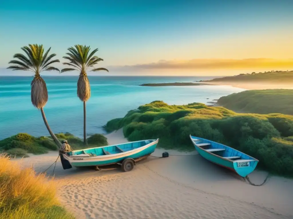 Hermosa costa de Uruguay al atardecer, pescadores y turistas disfrutan