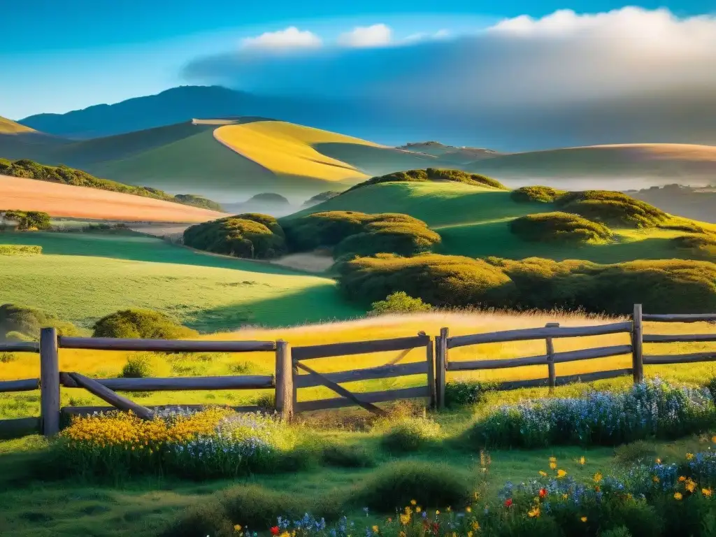 Hermosa estancia uruguaya con colinas verdes, ganado y una tranquila puerta de madera con flores silvestres