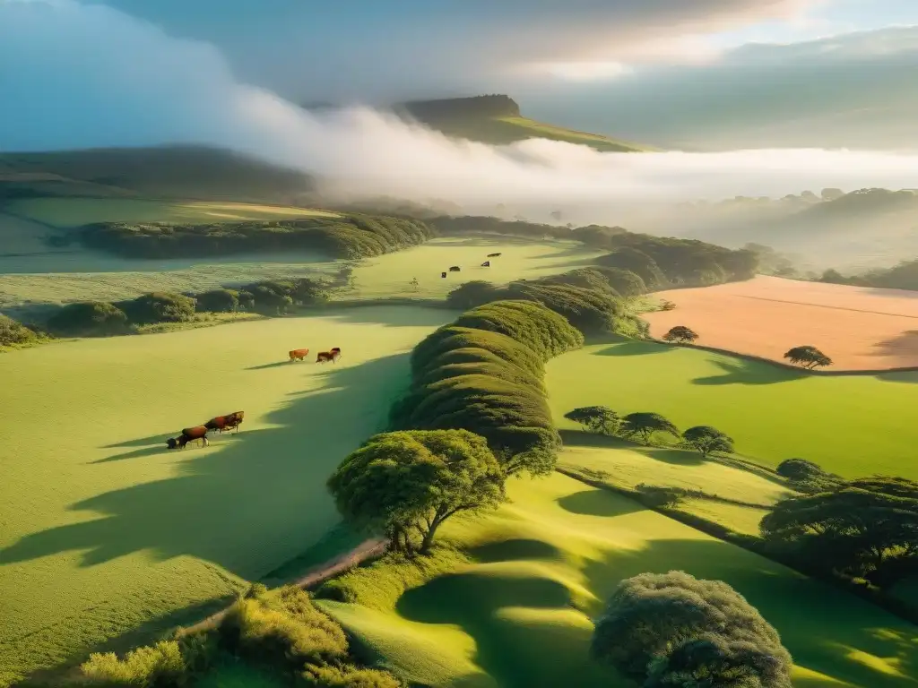 Hermosa estancia uruguaya con gauchos y ganado en un paisaje rural