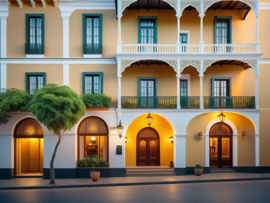 Hermosa fachada de hotel boutique histórico en Uruguay con detalles arquitectónicos, balcones y vegetación exuberante