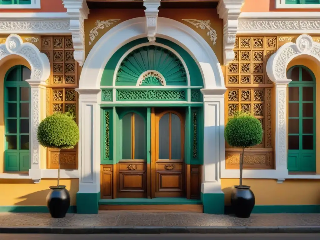 Hermosa fachada de hotel boutique histórico en Uruguay al atardecer