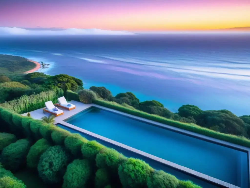 Paraíso sereno: piscina infinita en lujoso hotel boutique en Uruguay Hermosa piscina infinita de un hotel boutique en Uruguay, rodeada de vegetación y con vista al mar