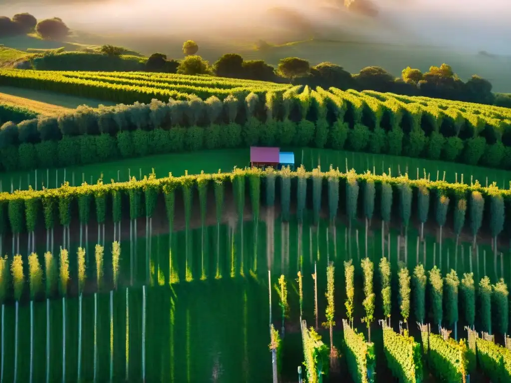 Hermosa vista aérea de Posada Campotinto entre viñedos verdes en Carmelo, Uruguay