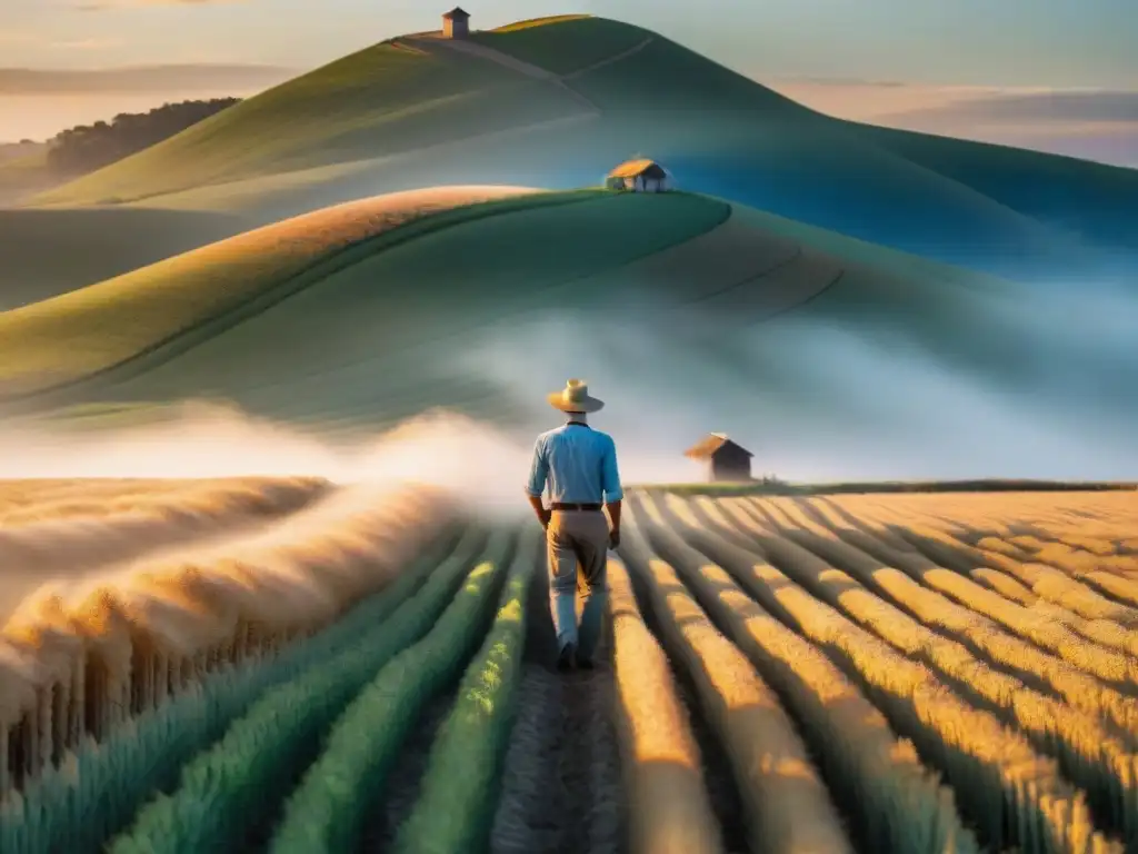 Hermosa vista del amanecer sobre campos de trigo dorado en Uruguay, con un agricultor solitario al fondo