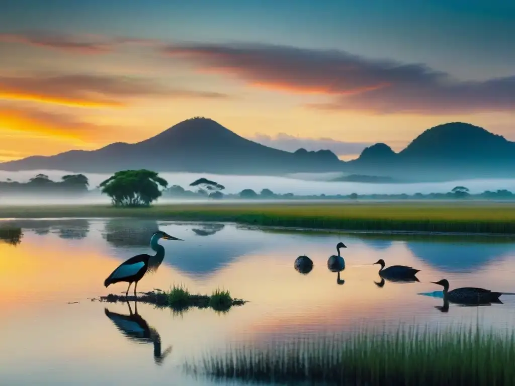 Hermoso atardecer sobre los Esteros de Farrapos en Uruguay, resaltando la importancia de este ecosistema único