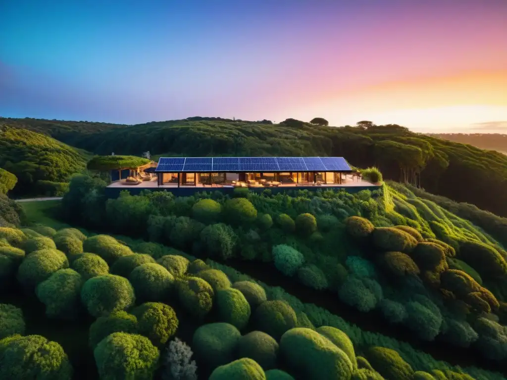 Hermoso atardecer sobre un hotel boutique sustentable en Uruguay