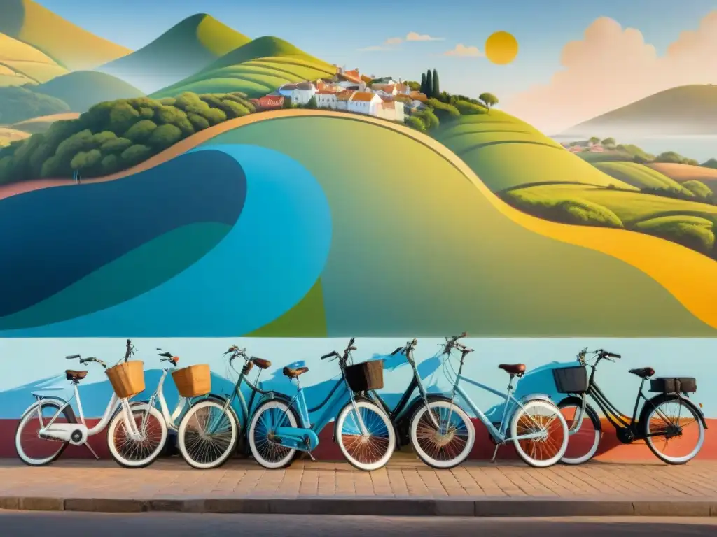 Un hermoso atardecer en una plaza uruguaya, con bicicletas de diferentes estilos y colores frente a un vibrante mural