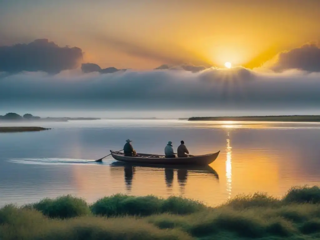 Un hermoso atardecer en el río Uruguay, con un bote de madera navegando